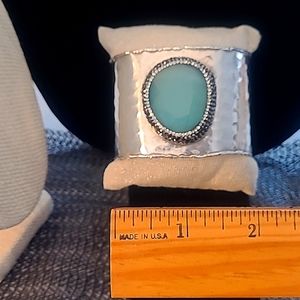 Handmade genuine Sea Blue Agate Swarovski crystals wide cuff bracelet amazing